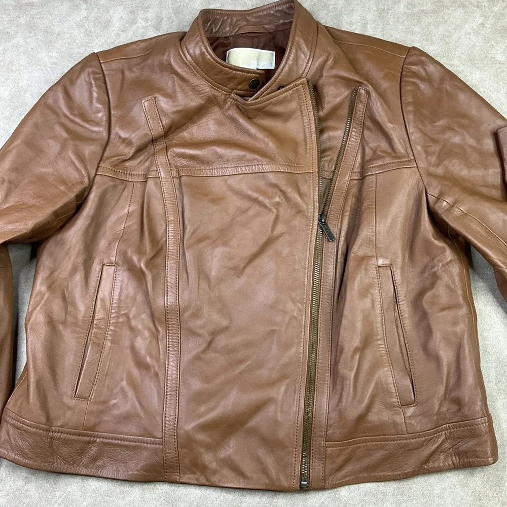 Michael Kors Jacket Women Sz 1X Lambskin Leather Moto Asymmetrical Zip Pockets